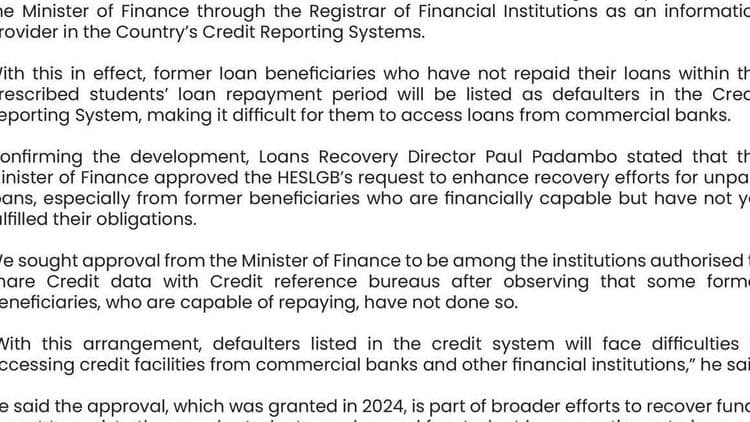 HESLGB is now authorized to share information about loan defaulters with Credit Reference Bureaus